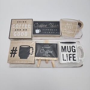 Coffee Themed Wooden Mini Signs 2 Sets of 3 Piece Aprx 3"-4" in Tall‎ Sealed